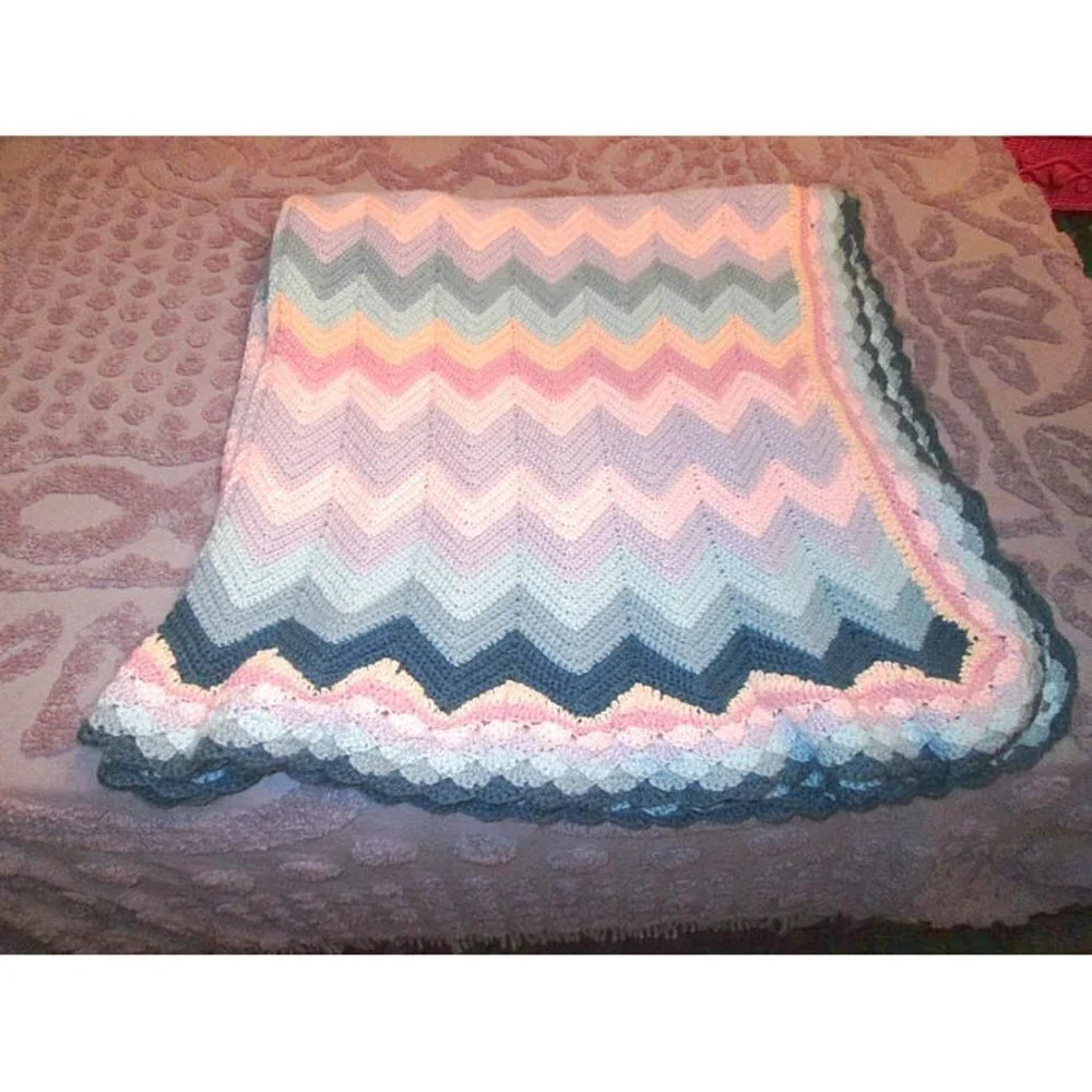 Vtg 90s Hand Crochet Afghan Throw Blanket Couch Throw Colorful Chevron Boho 59”